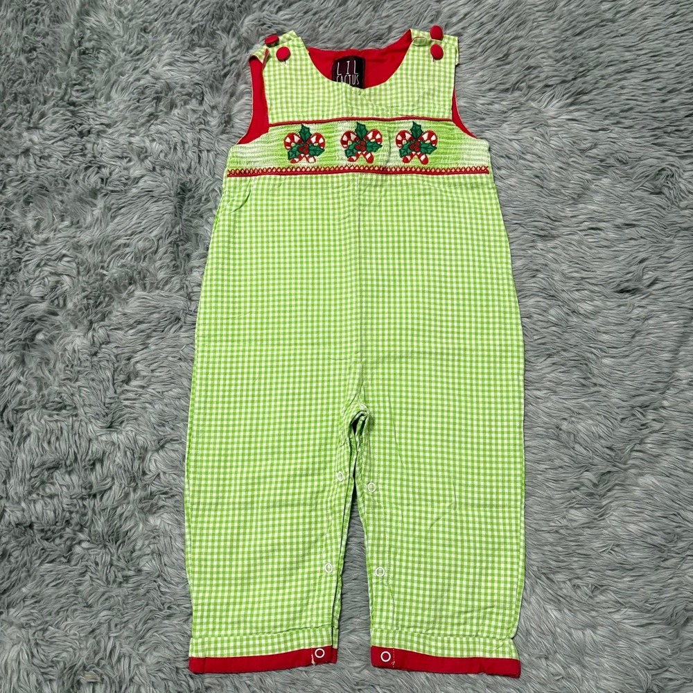 Lil Cactus Smocked Christmas Overall Green Plaid Candy Cane Toddler 2T